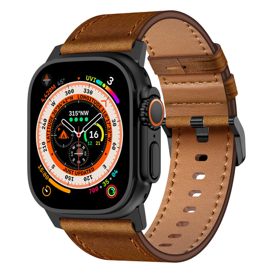 Kalebol For Apple Watch Top Layer Cowhide Leather Black Buckle Strap